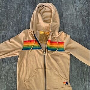 Aviator Nation Beige Hoodie with Rainbow Stripes
